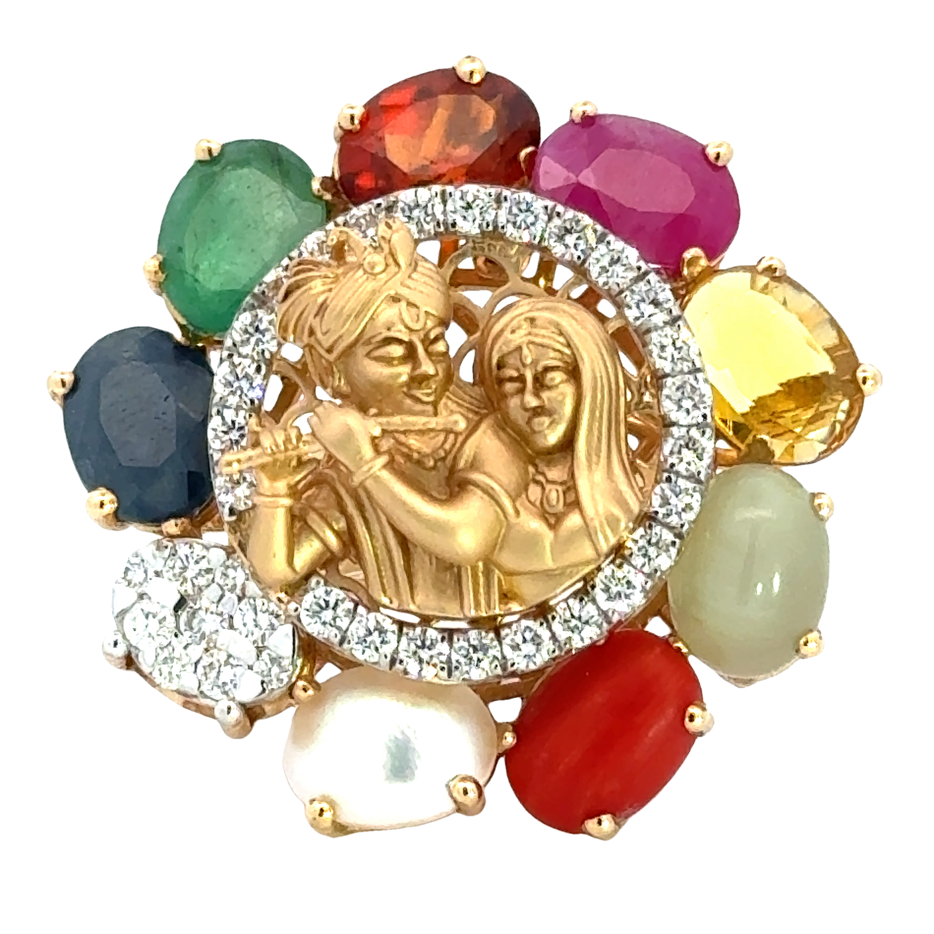 18k Yellow Gold and Diamond Radha-Krishna Navratna Ring in size 5.5 and total gold weight of 12.66g