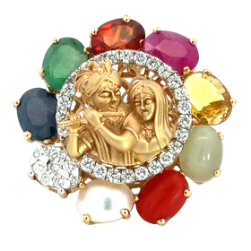 18k Yellow Gold and Diamond Radha-Krishna Navratna Ring in size 5.5 and total gold weight of 12.66g