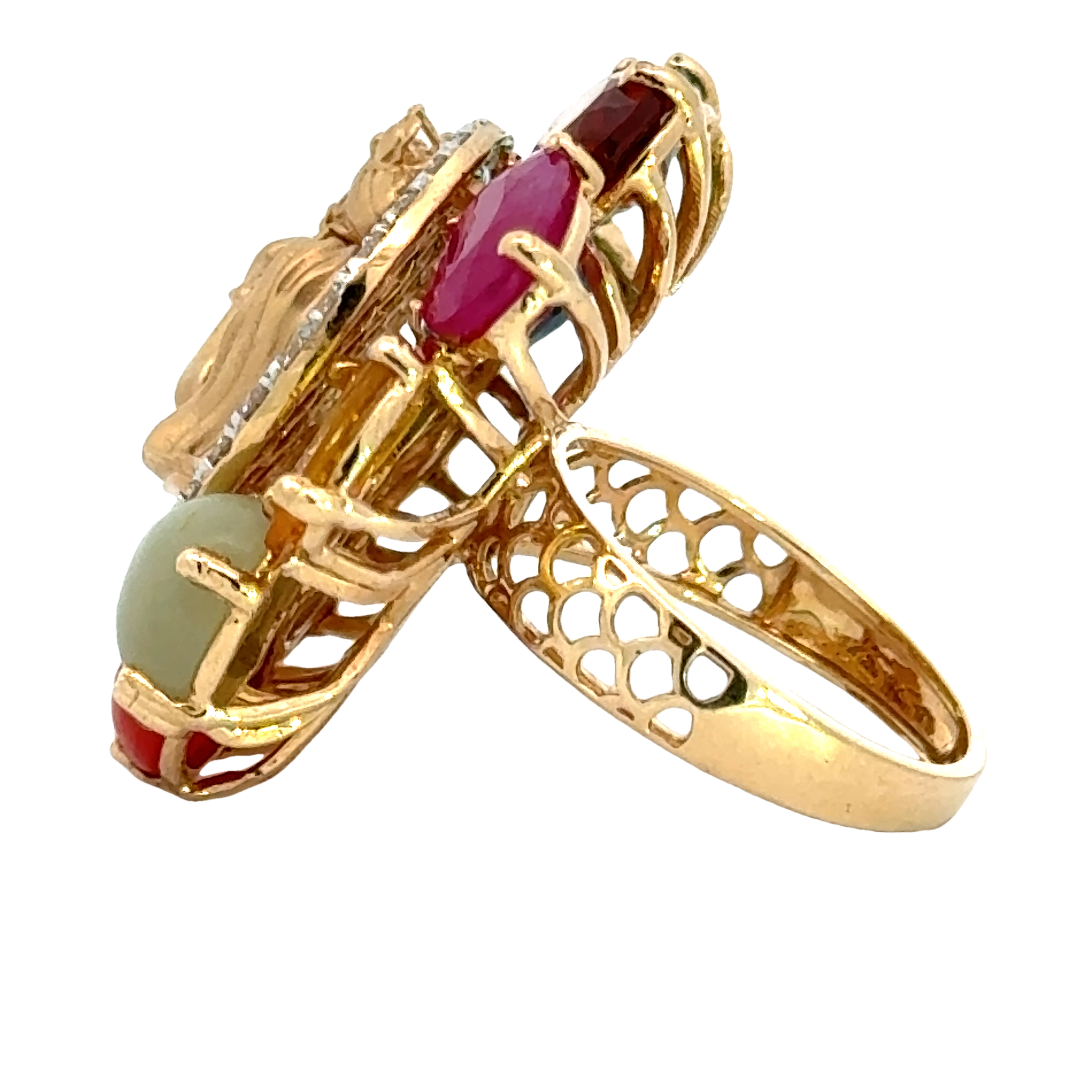 18k Yellow Gold and Diamond Radha-Krishna Navratna Ring in size 5.5 and total gold weight of 12.66g