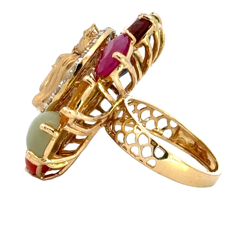 18k Yellow Gold and Diamond Radha-Krishna Navratna Ring in size 5.5 and total gold weight of 12.66g