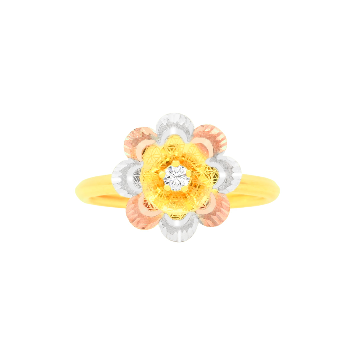 22K Tri-Tone Gold Flower Thin Band Ring