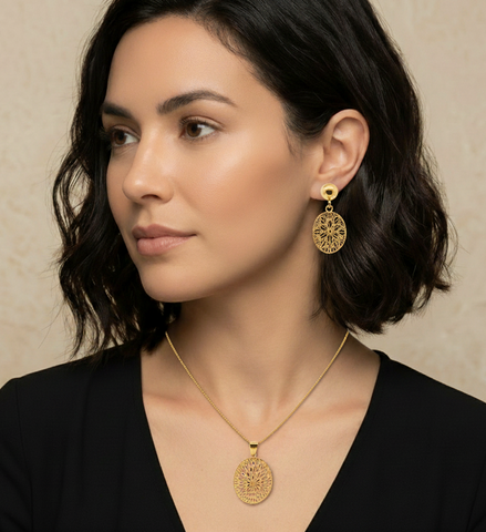 22K Yellow Gold Statement Filligree Pendant and Earrings Set