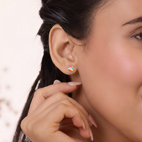 22k Yellow Gold Navratna Small Earrings with gold weight of 1.1g
