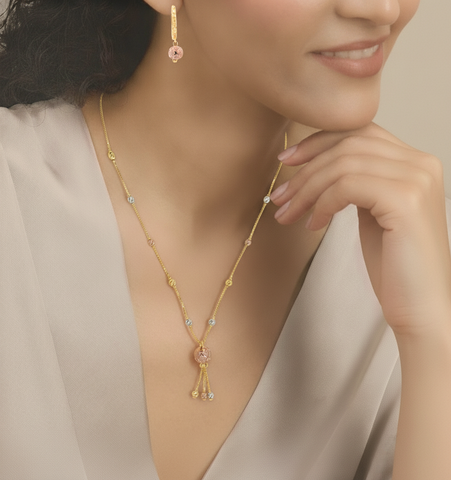22K Three-Tone Gold Ball-Bead Dangler Elegant Necklace and Earring Set