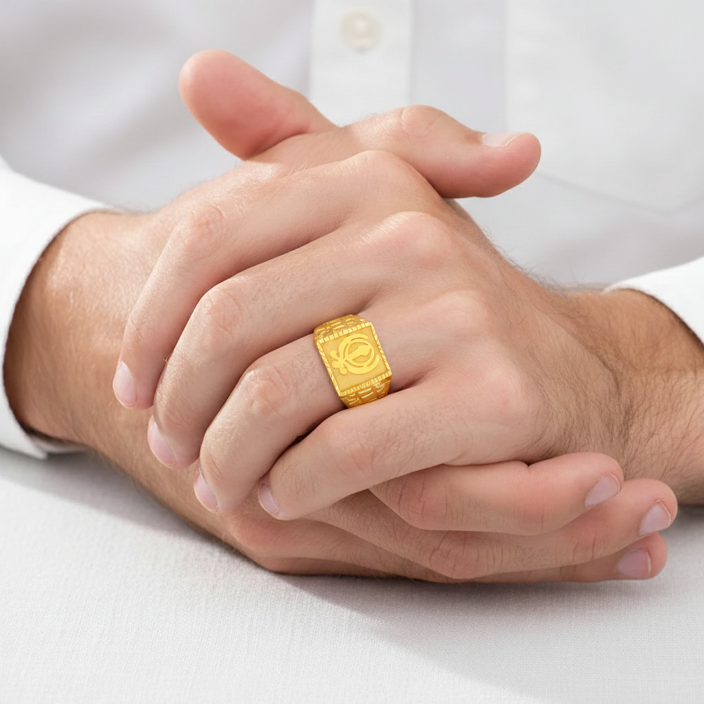 Sikh Rings Stone Men's 22K Gold Square Khanda Sikh Ring – Gold Palace