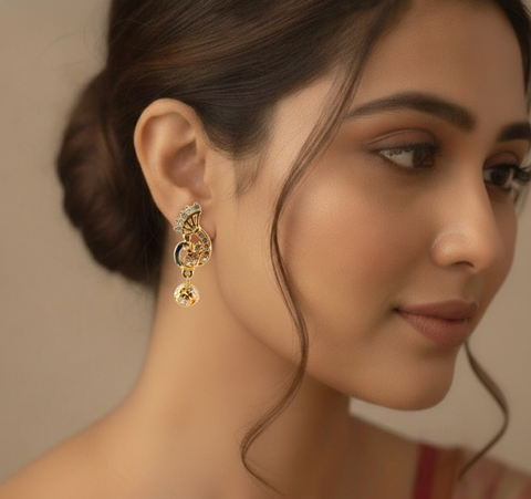 22k Yellow Cubic Zirconia Dangler Peacock Earrings with gold weight of 3.68g