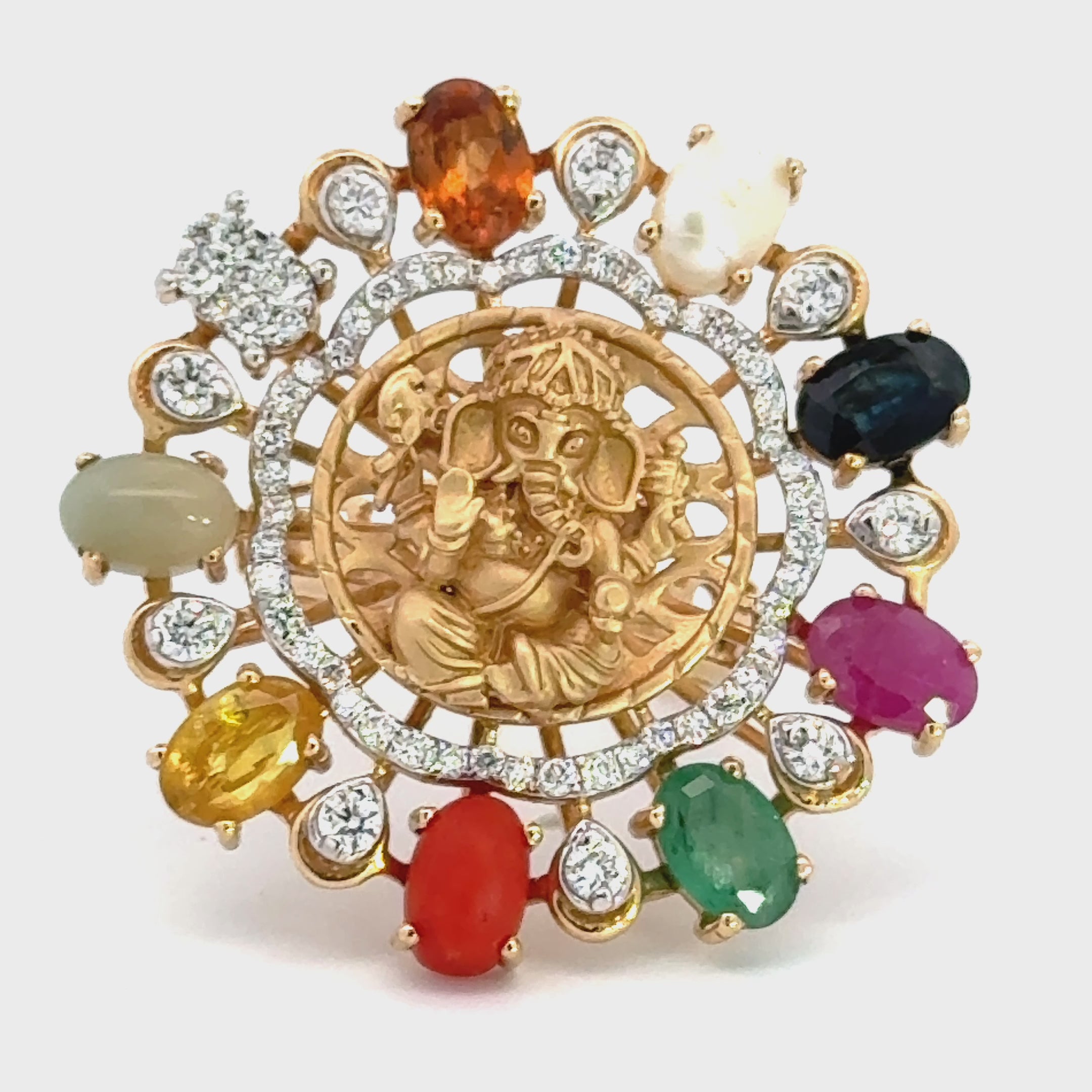 18k Yellow Gold and Diamond Ganesh Navratna Ring in size 5.5 and total gold weight of 9.65g