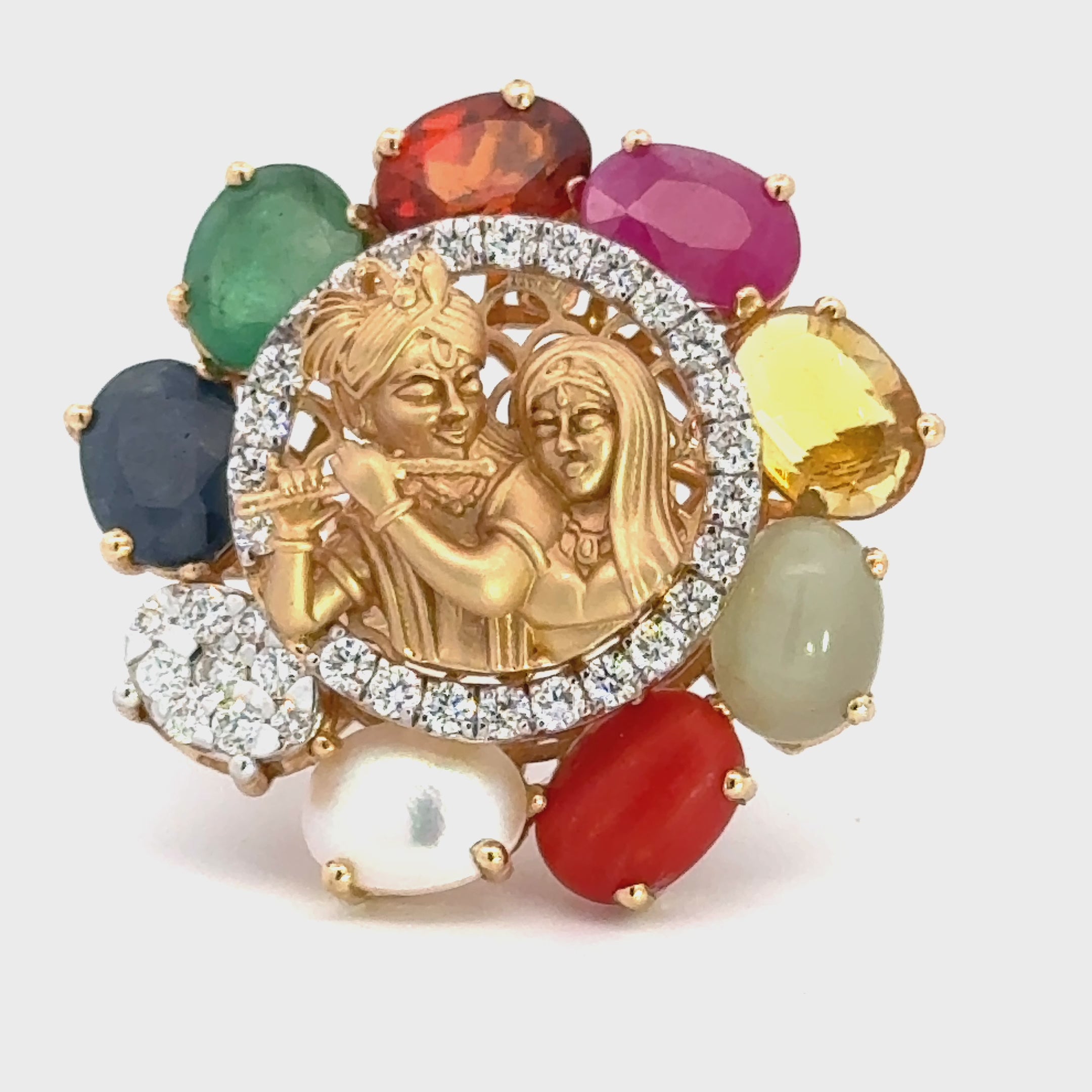 18k Yellow Gold and Diamond Radha-Krishna Navratna Ring in size 5.5 and total gold weight of 12.66g