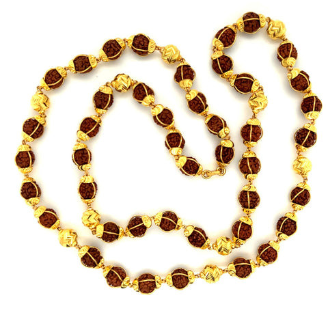 22K Gold 25 Inch Laser-Cut Rudraksha Bead Ornate Necklace