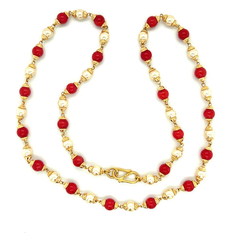 22k Gold Pearl and Faux Coral Stone Necklace