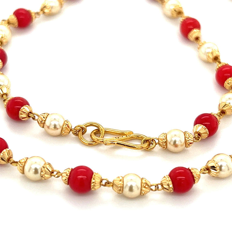 22k Gold Pearl and Faux Coral Stone Necklace