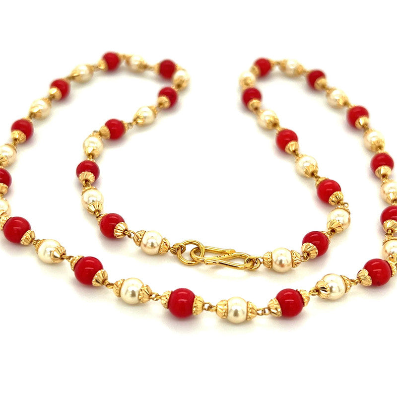 22k Gold Pearl and Faux Coral Stone Necklace