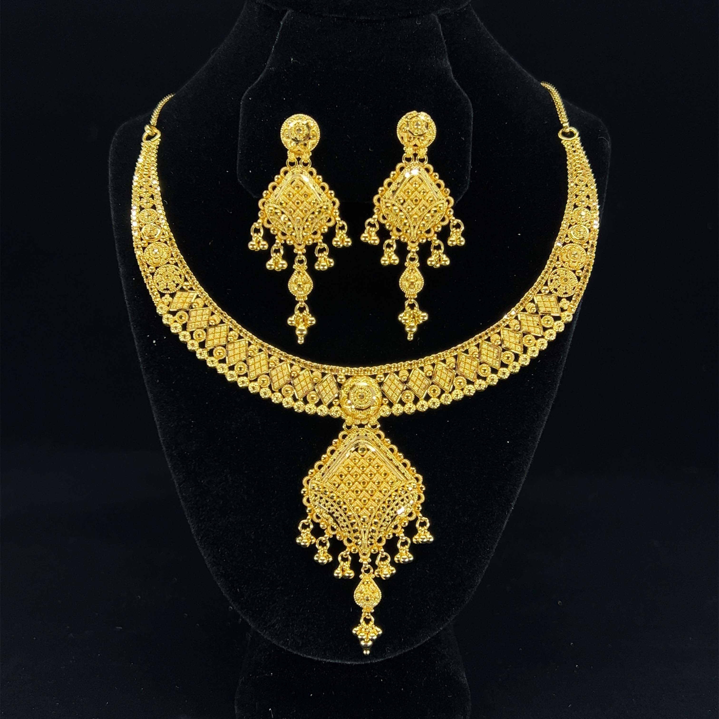 22K Gold Diamond-shaped Filigree Necklace and Earring Set – Gold Palace