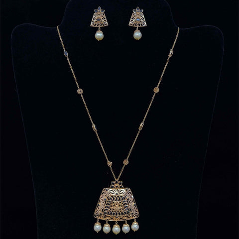 22K Gold Sapphire and Pearl Necklace and Earring Set