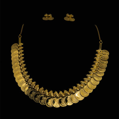 22K Gold Lakshmi Kasu Mala Necklace and Earring Set