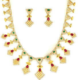 22K Gold Geometric CZ Necklace and Earring Set