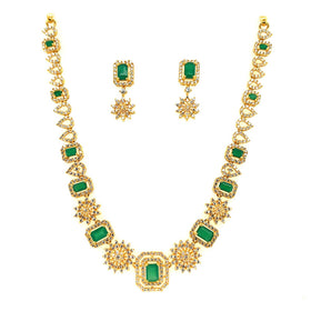 22K Gold Modern Emerald and CZ Necklace and Earring Set