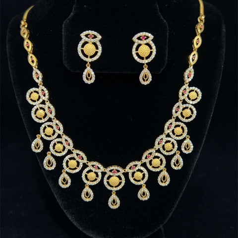 22K Gold Red and White CZ Necklace and Earring Set