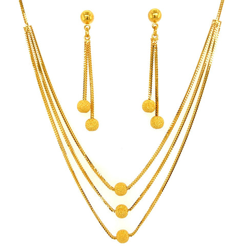 22K Gold Multilayer Necklace and Dangling Earring Set