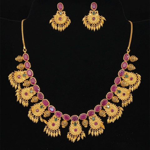 22K Gold Ruby and Emerald Necklace and Earring Set