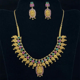 22k Gold Antique Lakshmi Temple Necklace and Earring Set