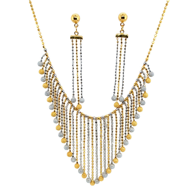 22K Gold Two Tone Dangling Fringe Necklace and Earring Set