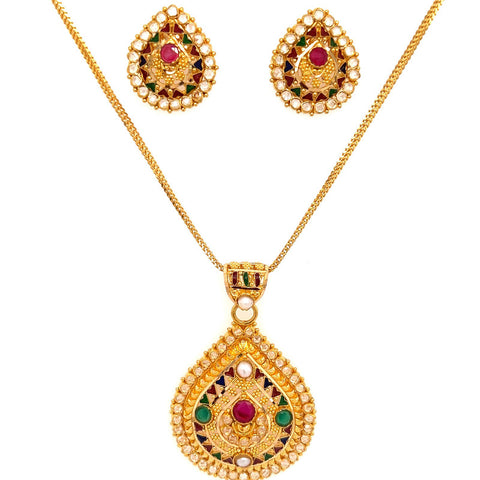 22K Gold Colorful Encrusted Pearl and CZ Pendant and Earrings