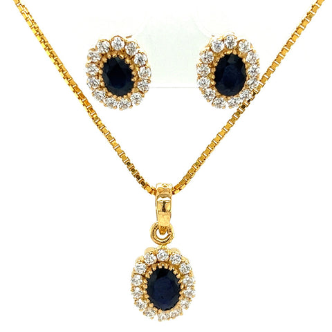 22K Gold Sapphire and CZ Studded Diana-Inspired Pendant and Earring Set