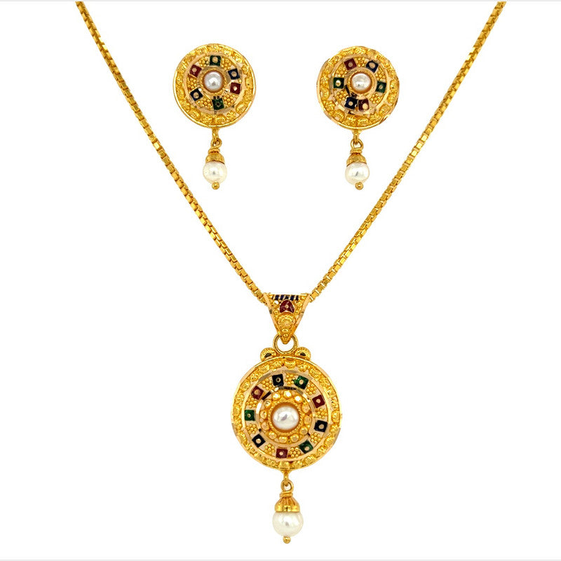 22K Gold Tri-Color Meena Kari Pendant and Earring Set