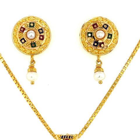 22K Gold Tri-Color Meena Kari Pendant and Earring Set