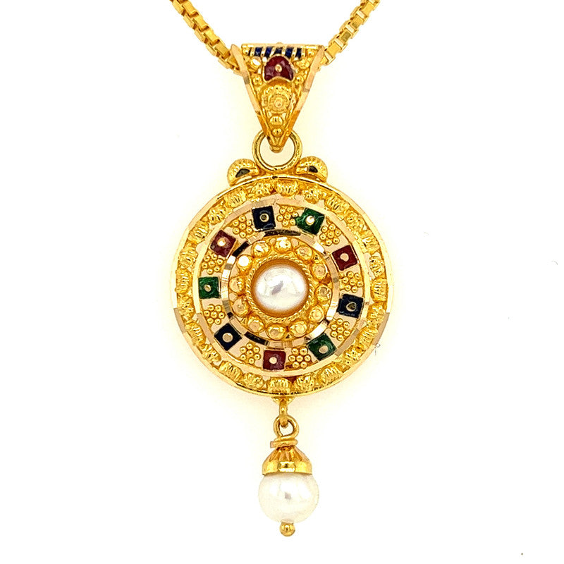 22K Gold Tri-Color Meena Kari Pendant and Earring Set