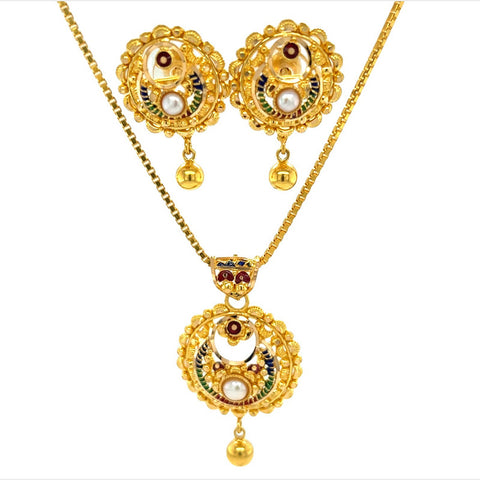 22K Gold Crescent Meena Kari Pendant and Earring Set