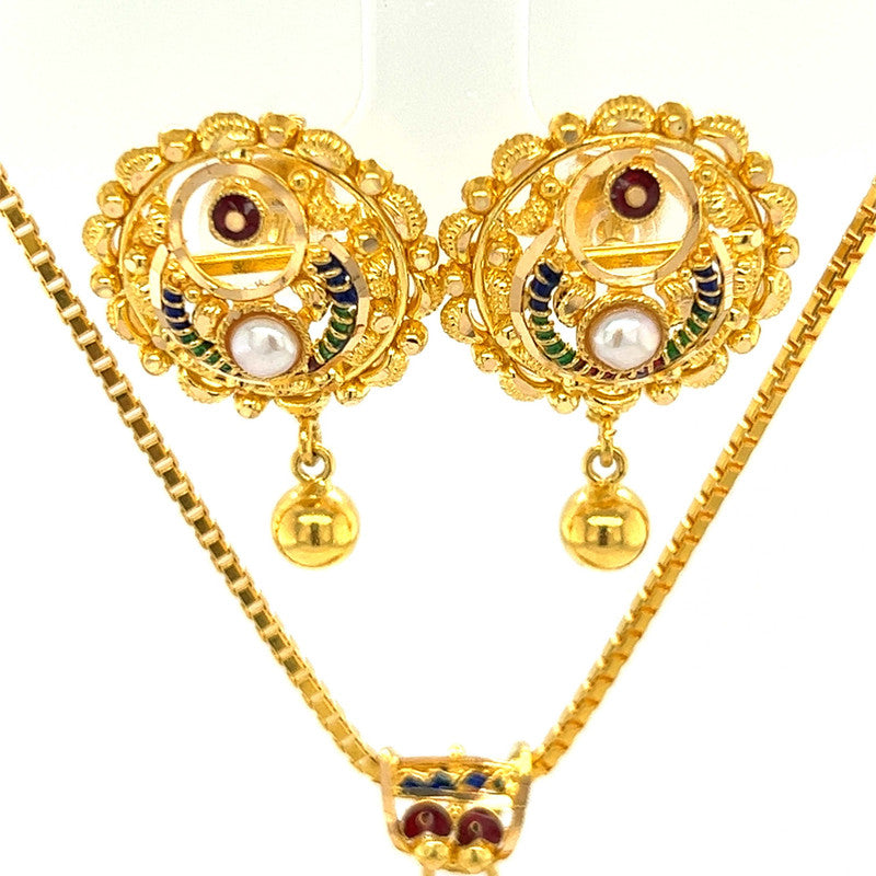 22K Gold Crescent Meena Kari Pendant and Earring Set