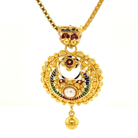 22K Gold Crescent Meena Kari Pendant and Earring Set