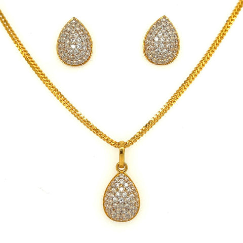22K Gold CZ Encrusted Pear Pendant and Earring Set