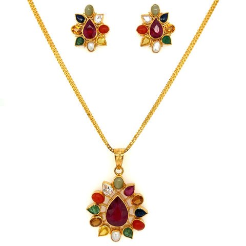 22K Gold Window Navratna Pendant and Earring Set