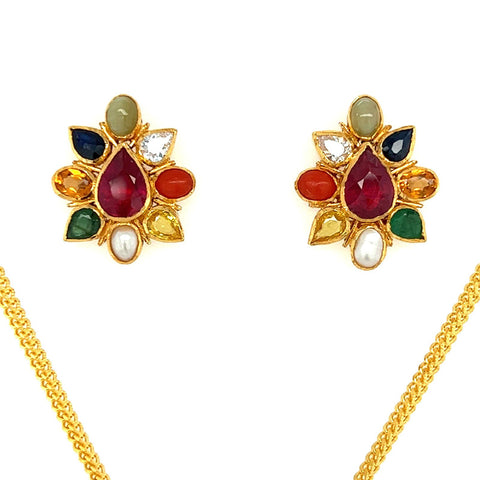 22K Gold Window Navratna Pendant and Earring Set