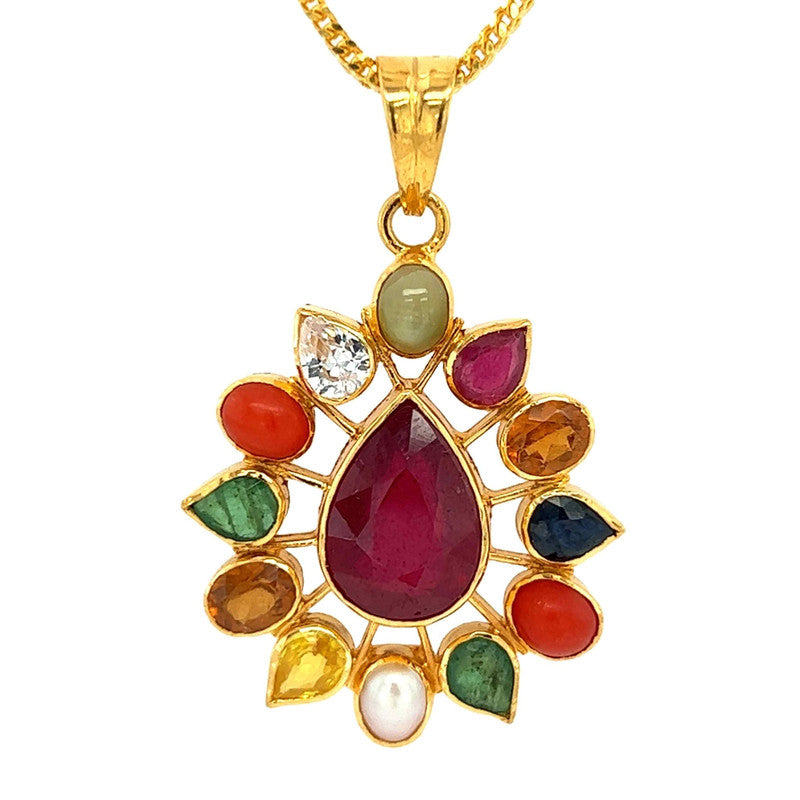 22K Gold Window Navratna Pendant and Earring Set