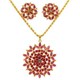 22k Gold Blooming Ruby Pendant and Earring Set
