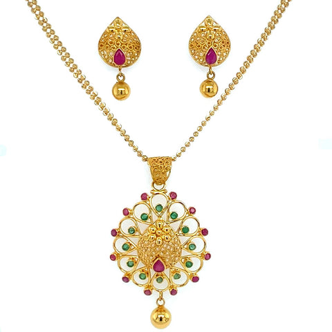 22K Gold Elegant Ruby and Emerald Pendant and Earring Set