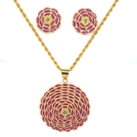 22K Gold Ruby Rose Pendant and Earring Set