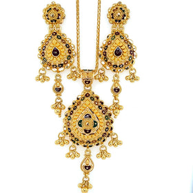 22K Gold Pear Shaped Meena Kari Pendant and Earring Set