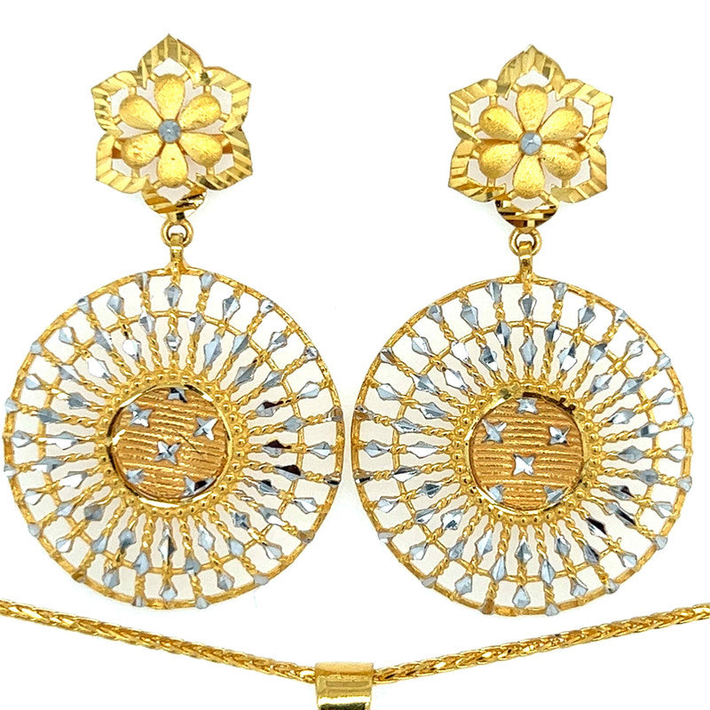 22K Two Tone Gold Disc Pendant and Earring Set