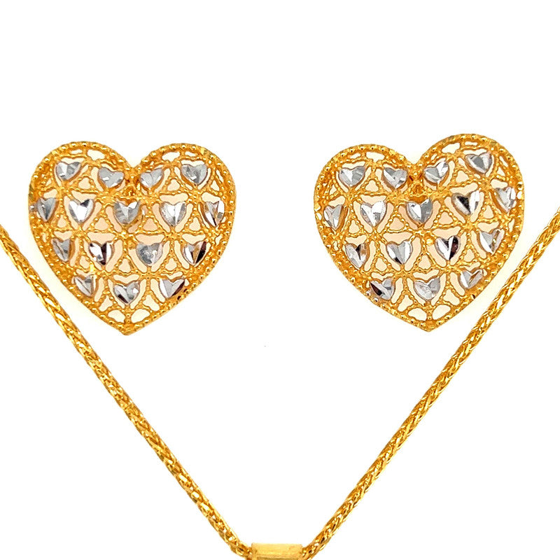 22K Two Tone Statement Heart Pendant and Earring Set