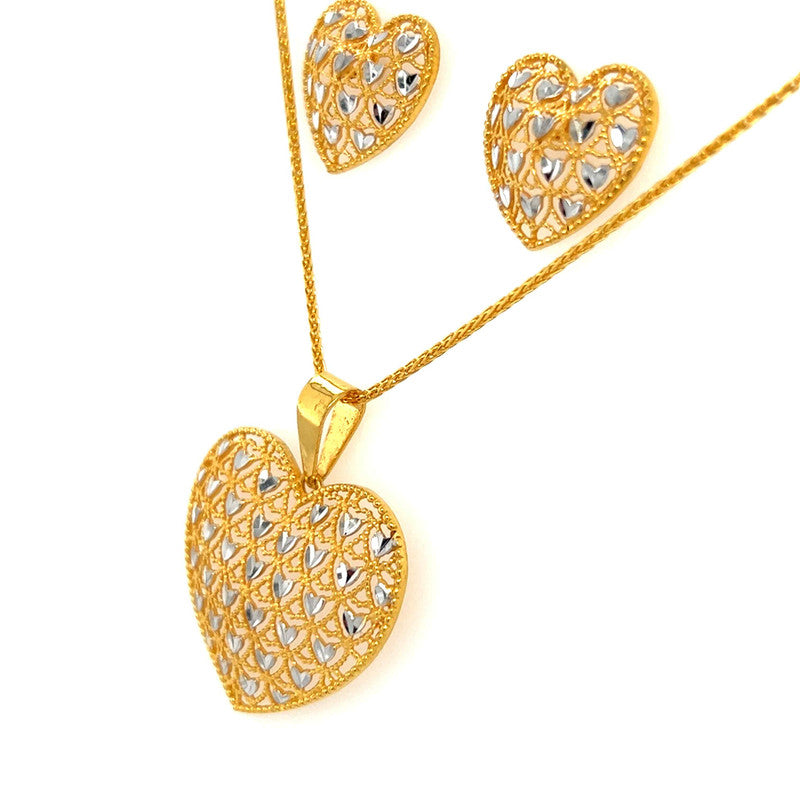 22K Two Tone Statement Heart Pendant and Earring Set