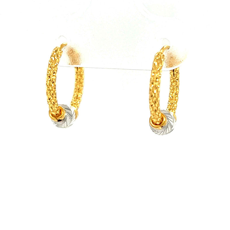 22K Gold Two Tone Textured Hoop Earrings with Bead