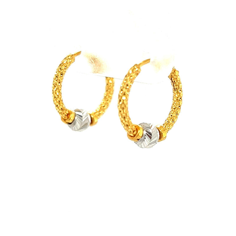 22K Gold Two Tone Textured Hoop Earrings with Bead