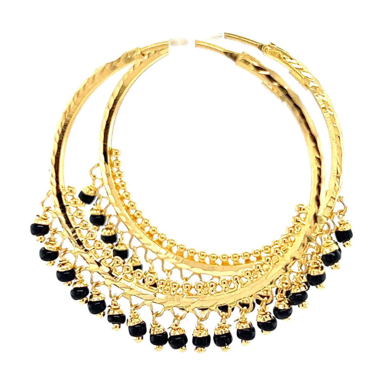 22K Gold Large Black Bead Round Hoop Earrings