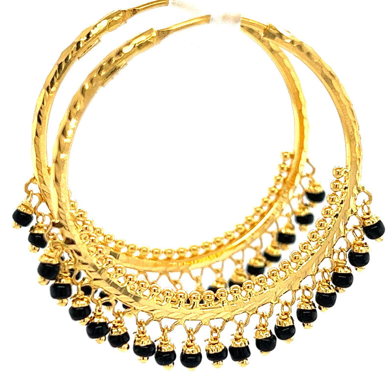 22K Gold Large Black Bead Round Hoop Earrings