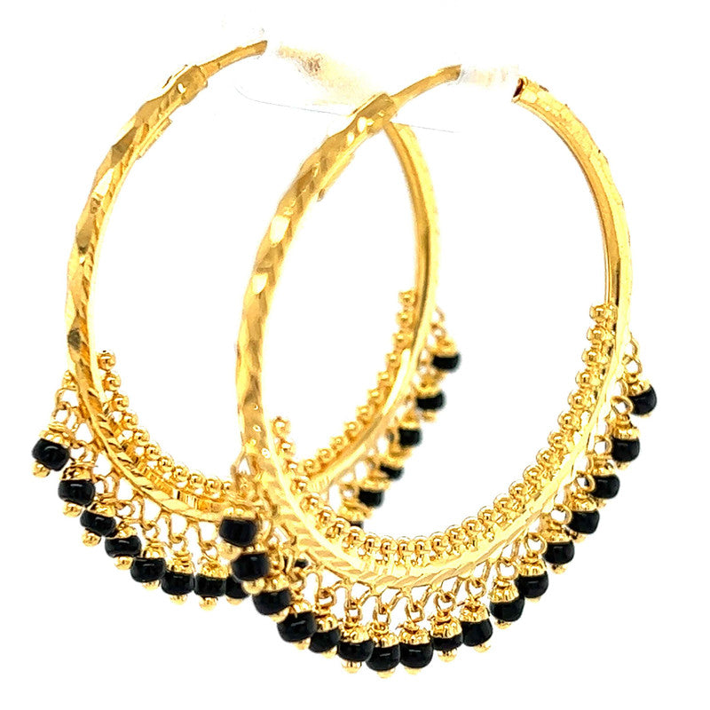 22K Gold Large Black Bead Round Hoop Earrings